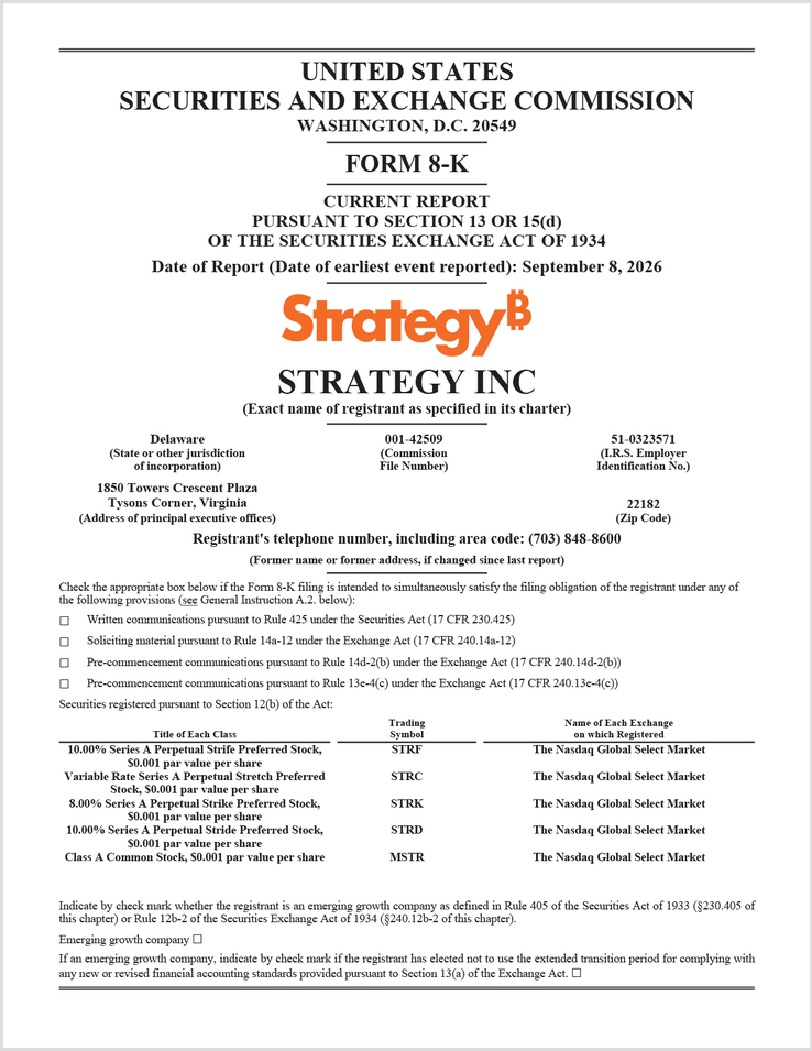 Formulaire 8-K de Strategy auprès de la SEC • 8 septembre 2026