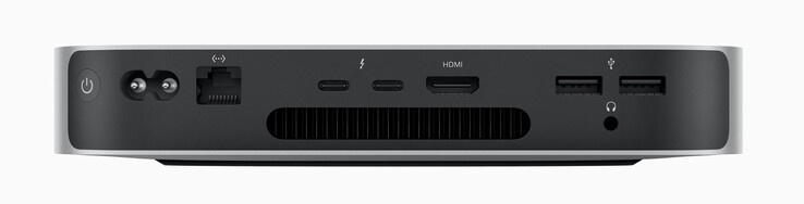 Arrière : bouton d'alimentation, cordon d'alimentation, Ethernet 2x USB-C 4.0 avec Thunderbolt 4 (40 GBit/s, mode DisplayPort-ALT), HDMI 2.0, 2x USB-A 3.2 Gen.1 (5 GBit/s), audio 3,5 mm (Image : Apple).