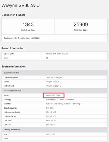 EPYC 7543. (Source de l'image : Geekbench)