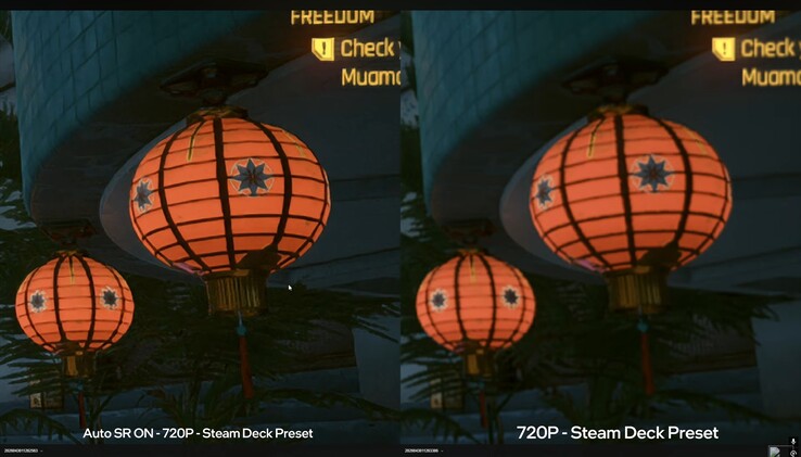 Cyberpunk 2077 sur ROG Xbox Ally X comparaison de la qualité d'image native vs Auto SR.