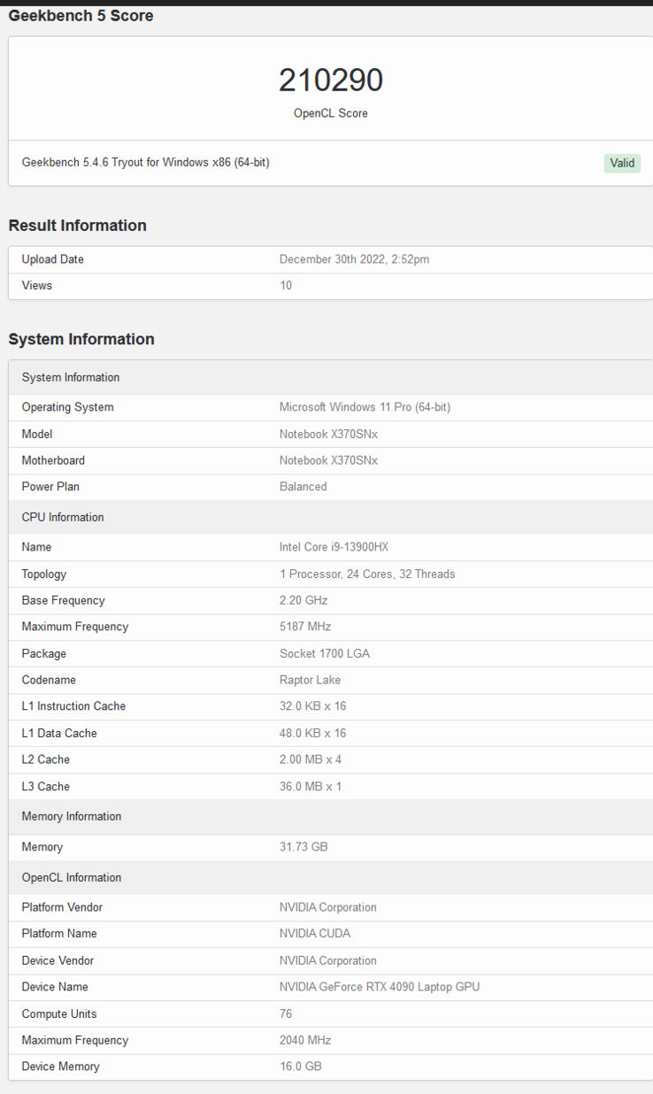 Ordinateur portable Nvidia GeForce RTX 4090 sur Geekbench (image via Geekbench)