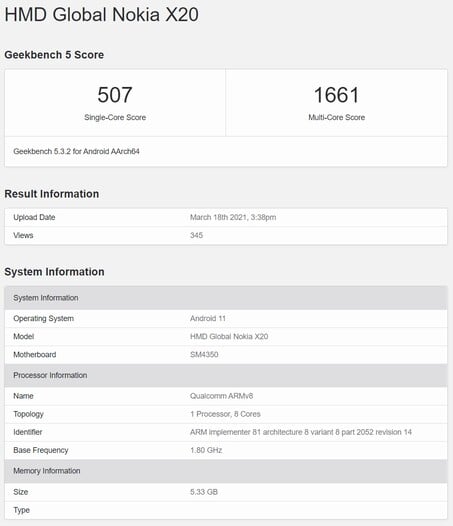 Annonce du Nokia X20. (Image source : Geekbench)