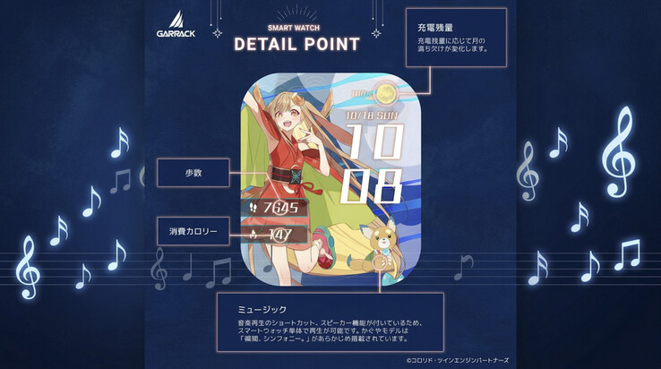 Cadran de montre connectée GARRACK Super Kaguya-hime! affichant les pas, les calories, un indicateur de batterie sur le thème de la lune et un raccourci vers la musique
