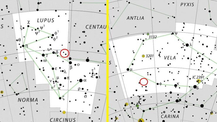 Localisation des novae V462 Lupi et V572 Velorum dans les constellations Lupus et Vela. (Source de l'image : IAU/Wikimedia - Live Science)