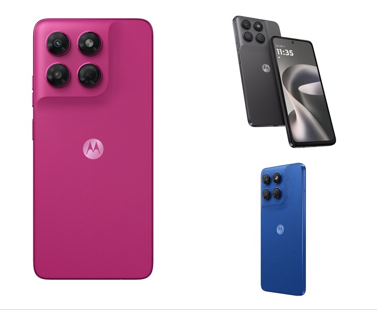 Motorola moto g37 présenté dans les coloris Pantone Fuchsia Red, Pantone Impenetrable et Pantone Nautical Blue.