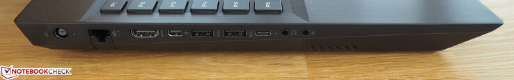 Côté gauche : entrée secteur, RJ45-LAN, HDMI, mini DisplayPort, 2 USB 3.0, Thunderbolt 3, sortie audio, entrée audio.
