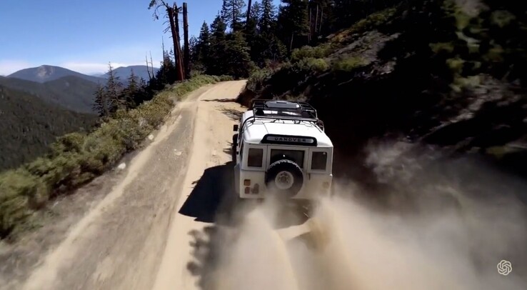 Extrait d'une vidéo d'un SUV ancien en train de gravir une montagne générée par Sora (Source : OpenAI)