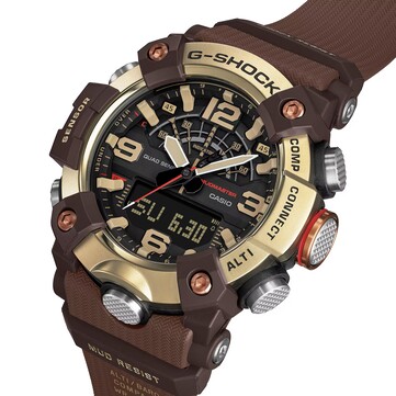 Vue oblique de la G-Shock Mudmaster GG-B100XMH-5A mettant en valeur son affichage numérique-analogique et sa palette de couleurs jaune clair et marron.