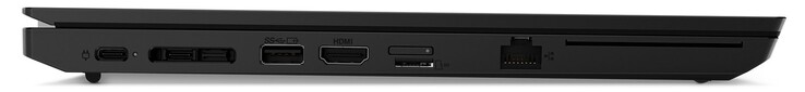 Côté gauche : 1x USB-C 3.2 Gen1 (connecteur d'alimentation), 1x Thunderbolt 4, port d'accueil, 1x USB-A 3.2 Gen1, HDMI, lecteur de carte microSD, GigabitLAN, lecteur de carte à puce