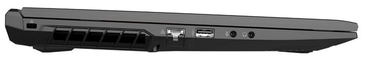 Côté gauche : Emplacement pour un câble de verrouillage, Gigabit Ethernet, USB 2.0 (Type-A), entrée microphone, sortie casque