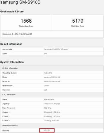 S23 Ultra avec 8 GB RAM. (Image source : Geekbench)