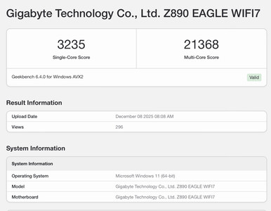 Liste Geekbench 6 pour le Core Ultra 7 270K Plus. (Source : Geekbench)