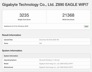 Liste Geekbench 6 pour le Core Ultra 7 270K Plus. (Source : Geekbench)