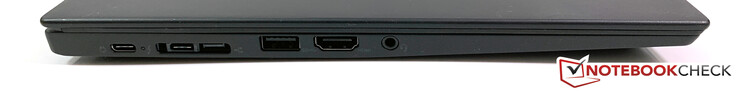 Côté gauche : USB C 3.1 Gen 1, Thunderbolt 3, LAN, USB 3.0, HDMI 1.4b, jack stéréo 3,5 mm.