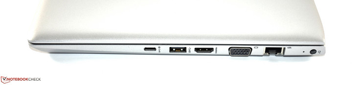 Côté droit : USB C 3.1 Gen 1, USB A 3.0, HDMI, VGA, Ethernet, entrée secteur