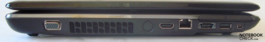 VGA, louver, HDMI, LAN, ExpressCard slot, combined E-SATA/USB 2.0, USB 2.0, Firewire