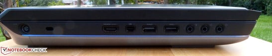 Côté gauche : connecteur pour l'alimentation, Kensington, HDMI entrée/sortie, Mini-DisplayPort, USB 3.0, ports audio