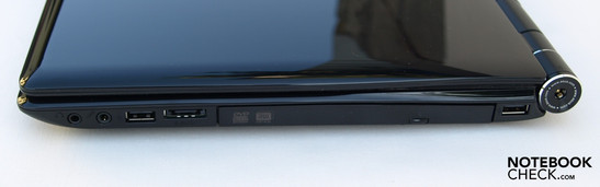Right: headphones, microphone, USB 2.0, eSATA, optical drive, USB 2.0
