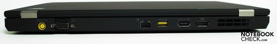 Rear: Power socket, VGA, network, powered USB connection, USB/eSATA combination, display port