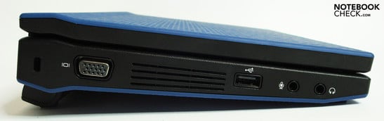 Left side: Kensington, VGA, USB with charging function, audio