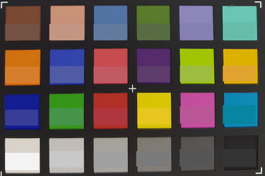 Photo des couleurs du ColorChecker. Les couleurs originales sont affichées dans la moitié inférieure de chaque case.