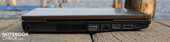 Left: Kensington, VGA, Ethernet-LAN, HDMI, eSATA/USB 2.0 combi, USB 2.0m ExpressCard34