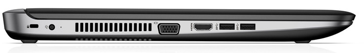 Left: Kensington lock slot, power socket, VGA, HDMI, 2x USB 3.0