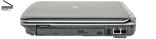 Flanc droit: Lecteur DVD, lecteur de carte 5-en-1, 1x USB 2.0, Gigabit-LAN, modem