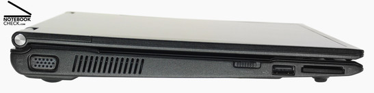 Flanc gauche: VGA, ventilateur, interrupteur WLAN, 1x USB-2.0, lecteur de cartes 4-en-1