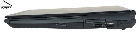 Right Side: DVD drive, ExpressCard/34, 2x USB-2.0, LAN, modem, WWAN antenna