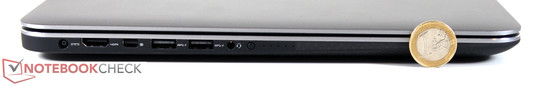 Tranche latérale gauche : prise d'alimentation, HDMI, DisplayPort, deux ports USB 3.0 et un port audio 3,5mm casque.