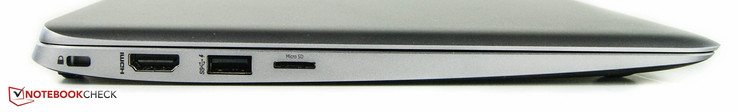 Left: Kensington lock, HDMI-out, 1x USB 3.0, micro-SD card reader