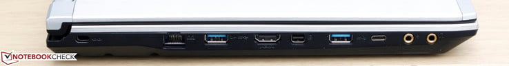 Left: Kensington Lock, RJ45 Ethernet, USB 3.0, HDMI, mDP, USB 3.0, USB 3.1 Type-C Gen. 2, 3.5 mm microphone and headphone (gold plated)