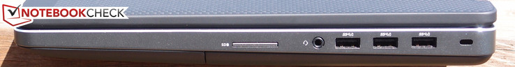 Right: SD card reader, 3.5 mm combo audio, USB 3.0 x3, Kensington Lock