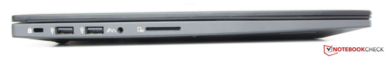 Sur la gauche: Kensington lock, 2x USB 2.0, Line In/Out port, lecteur de carte SD