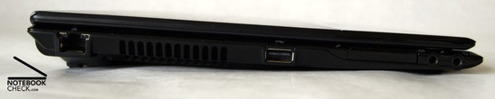 Flanc gauche: LAN, grille d'aération, USB, Expresscard/34, microphone, écouteurs