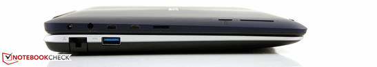 A gauche : alimentation, audio combo, micro-HDMI, micro-USB 2.0, micro-SDHC, bouton de démarrage, volume (tablette); RJ45, USB 3.0 (dock)