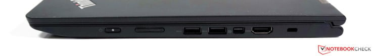 Right: power, volume, 2x USB 3.0, Mini-DisplayPort, HDMI, Kensington lock