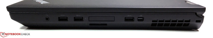 Côté droit : combo jack stéréo, 2 USB 3.0, ExpressCard (34 mm), lecteur de carte, USB 3.0, mini DisplayPort 1.2a.