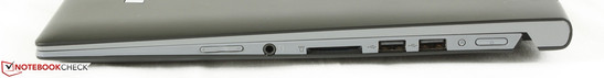 Côté droit : commutateur du volume, prise audio combo 3.5 mm, lecteur de cartes SD 2 en 1, 2x USB 2.0, bouton Lenovo OneKey, bouton d'allumage.