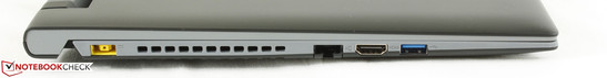 Tranche gauche : prise alimentation, Ethernet, HDMI, USB 3.0.