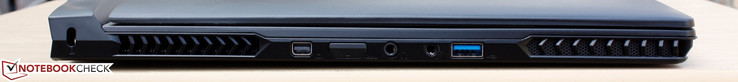 Left: 1x mDP, 1x HDMI (covered), 1x 3.5 mm headphones, 1x 3.5 mm microphone, 1x USB 3.0