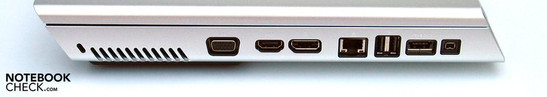 Flanc gauche: VGA, HDMI, port display, LAN, 2xUSB, eSATA, Firewire