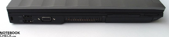 Flanc gauche: Verrou Kensington, 2x USB 2.0 / eSATA, Sortie VGA, ExpressCard, Lecteur de cartes SD