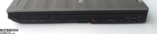 Flanc droit: PCMCIA, Lecteur DVD, SmartCard, Firewire, Ports Audio , 2x USB 2.0