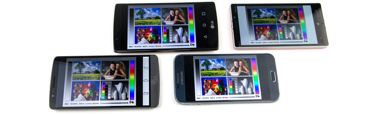 En haut (de gauche à droite) : LG G4 et Nokia Lumia 930; en bas (de gauche à droite) : LG G3 et Samsung Galaxy S6