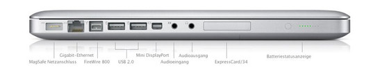 Toutes les interfaces (excepté le verrou Kensington) sont sur le côté gauche: MagSafe (alimentation), Gigabit LAN, FireWire 800, 2x USB 2.0, Mini DisplayPort, Entrée audio (analogique / optique), Ecouteurs et Sortie audio (analogique / optique)