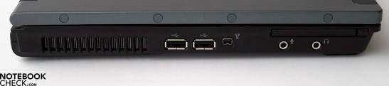 Flanc gauche: Ventilateur, 2x USB 2.0, FireWire, Ports Audio, Carte PC