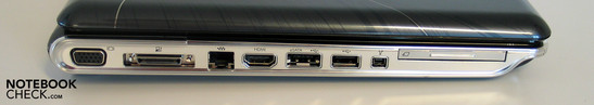 Left: VGA, docking, LAN, HDMI, eSATA/USB, USB, FireWire, ExpressCard