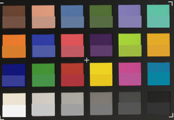 Photo des couleurs Colorchecker prise par l'iPhone 6S Plus. Nous avons affiché les couleurs originales dans la partie inférieure de chaque case.